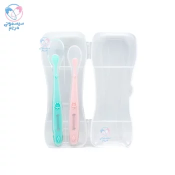 قاشق سیلیکونی 2 عددی با قاب بیبی سیل Babisil سبز صورتی