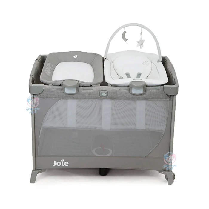 تخت و پارک joie commuter change & bounce، مجهز به میز تعویض و نینی لایلای با آویز عروسکی