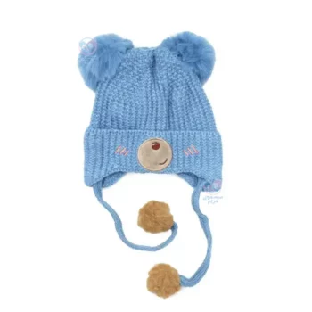 کلاه بافت بند دار 2 پوم خرسی آبی