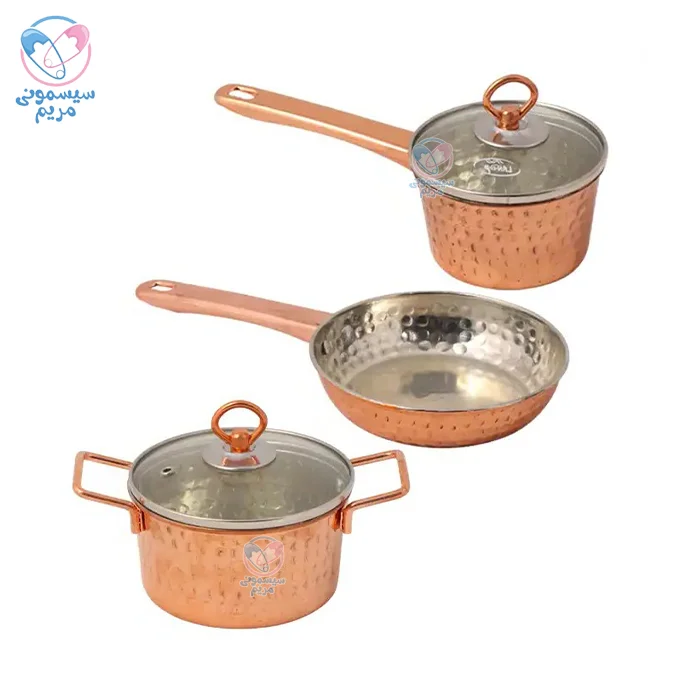 محصولی تمام مس و 5 تکه شامل یک قابلمه، یک شیرجوش، یک تابه و دو درب پیرکس