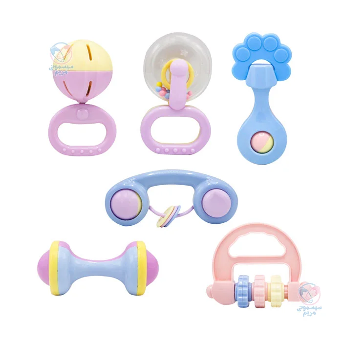 دارای 6 مدل جغجغه متنوع، با رنگبندی شاد و متفاوت