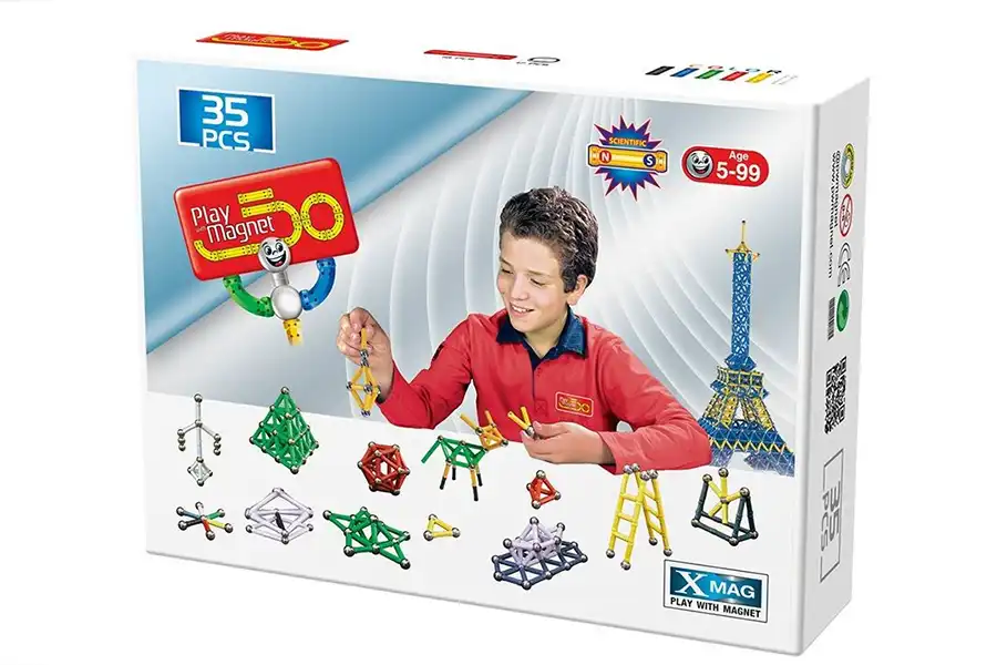 اسباب بازیهای پلی مگنت شامل استوانههای رنگی و گویهای نقرهای هستند که میتوان با آنها شکلها و طرحهای مختلفی ساخت.