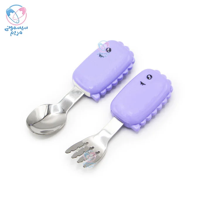 قاشق و چنگال استیل طرح دایناسور بنفش