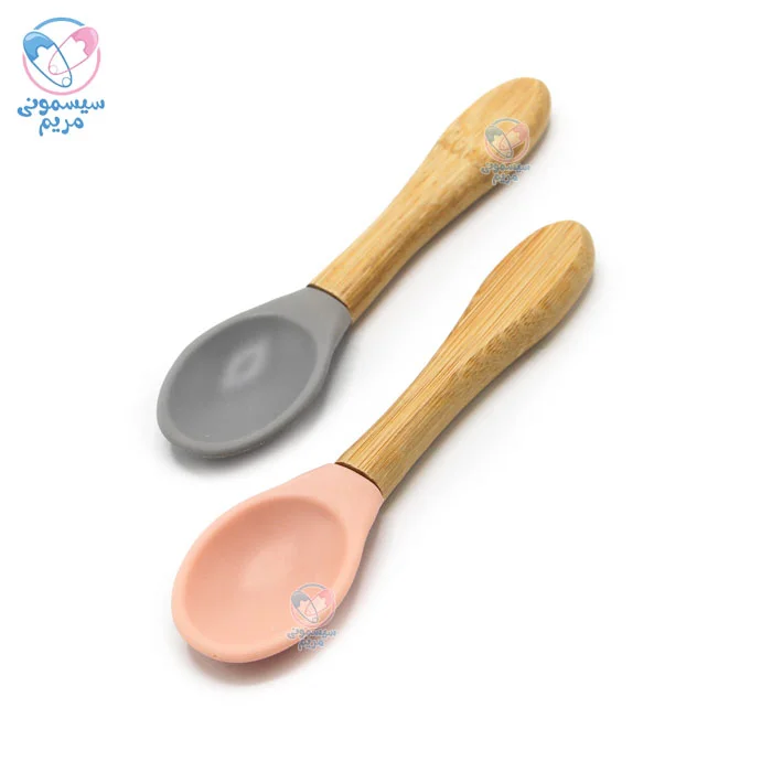 قاشق دو عددی دسته چوبی اوی اوی OiOi طوسی صورتی