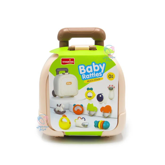 مجموعهای جذاب شامل ۱۰ عدد جغجغه متنوع در یک کیف چمدانی